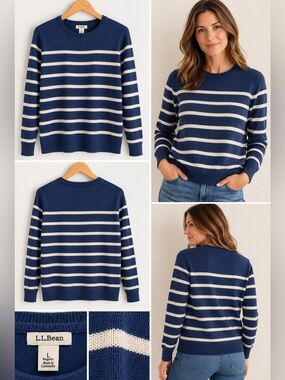 L.L.Bean 100% Cashmere Navy Ivory Striped Sweater Women’s Large